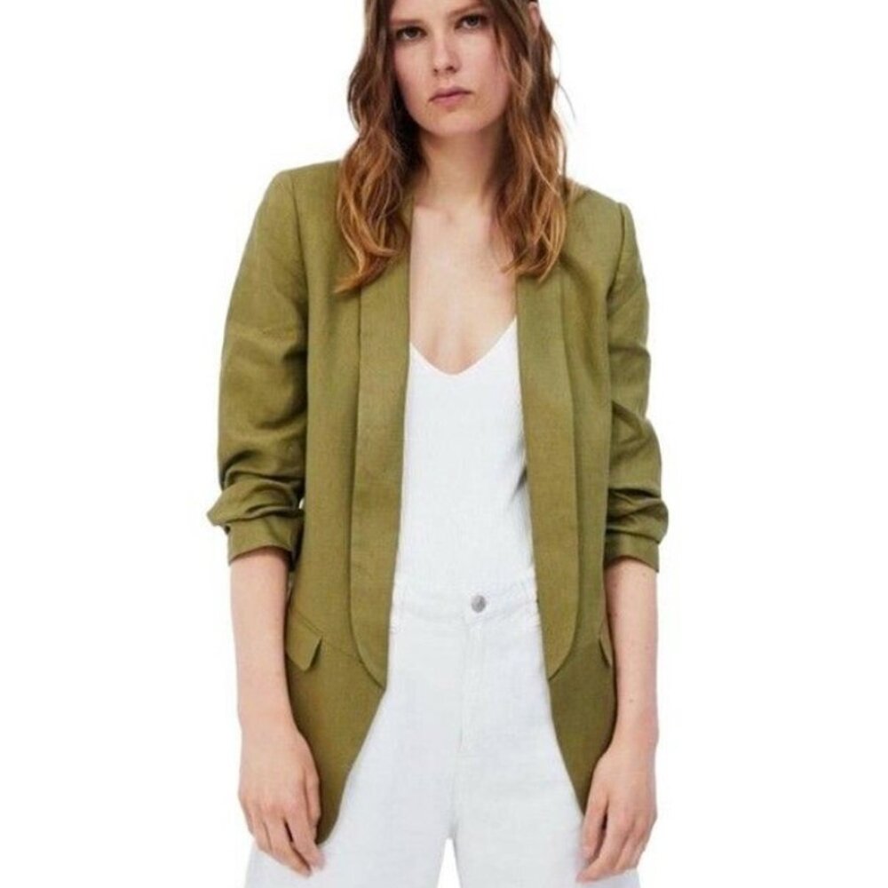 Zara Olive Linen Shawl Collar Blazer – Size S